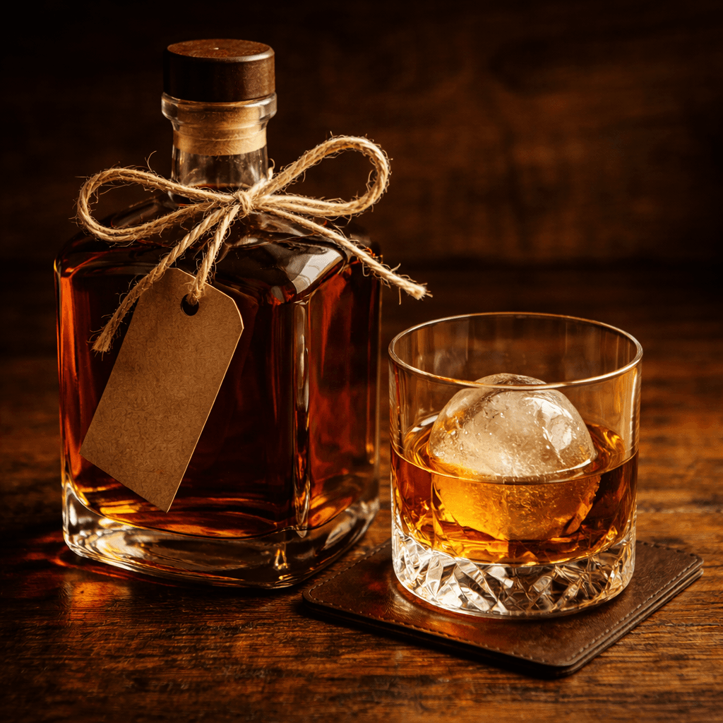 Bourbon bottle with gift tag and rocks glass with ice sphere