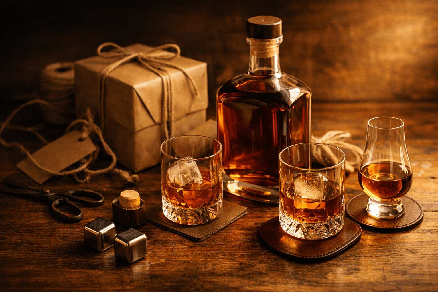 Bourbon bottles, rocks glasses, and gift wrapping on a warm wooden surface