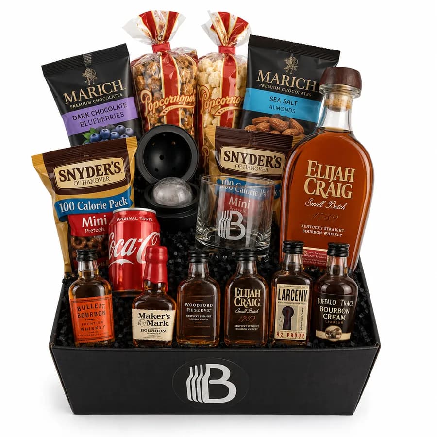 BroBasket A Bite of Bourbon Deluxe gift basket with bourbon minis, a 375ml Elijah Craig, rocks glass, and snacks