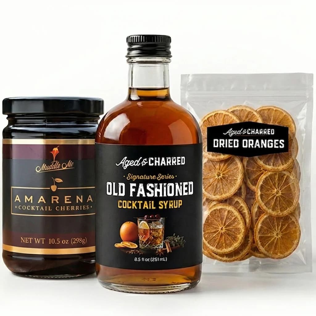 Aged & Charred ultimate Old Fashioned kit with cocktail syrup, amarena-style cherries, and orange garnishes