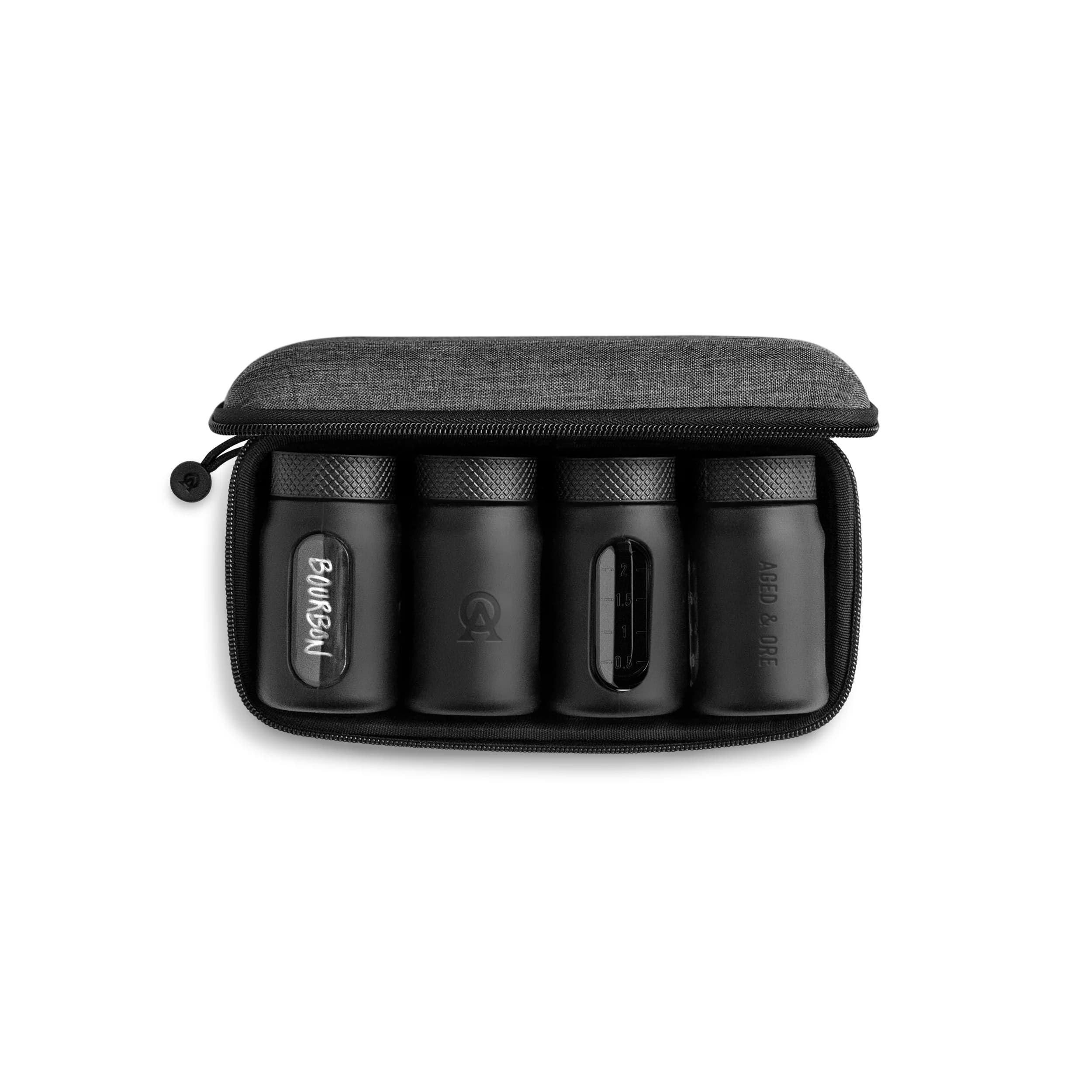Aged & Ore Bottle Flight travel case with four silicone-wrapped glass bottles