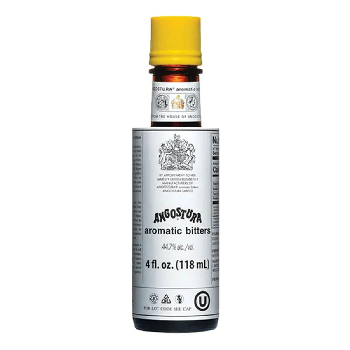 4oz bottle of Angostura aromatic bitters with its oversized paper label