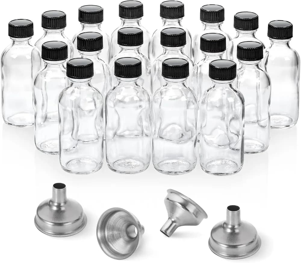 Clear 2oz Boston round glass sample bottles with black screw caps and small steel funnels
