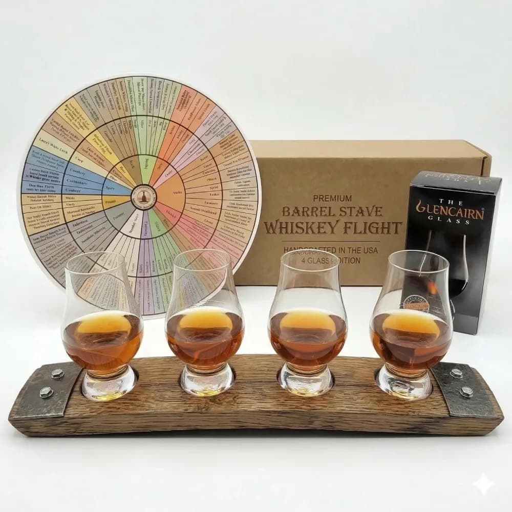 Dark walnut barrel-stave flight board holding four Glencairn glasses of whiskey