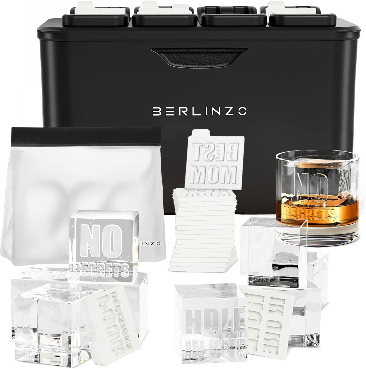 Berlinzo clear ice cube maker with eight clear square cubes, imprint plates, and an insulated storage box