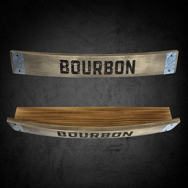 Aged & Charred bourbon wall shelf made from a whiskey barrel stave with stainless steel bands