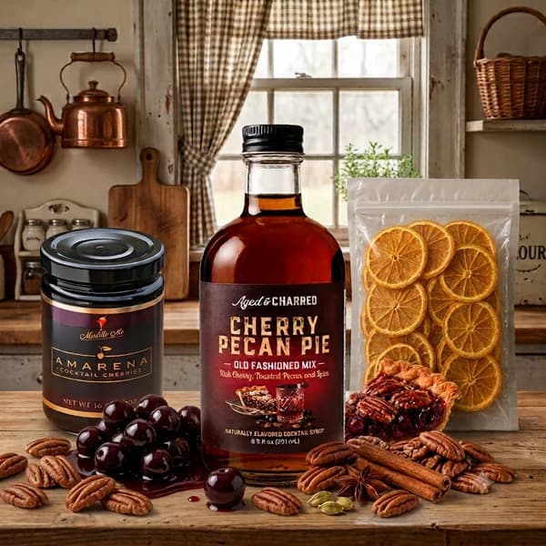 Aged & Charred Ultimate Old Fashioned Kit in Cherry Pecan Pie flavor with syrup, cherries, and orange slices