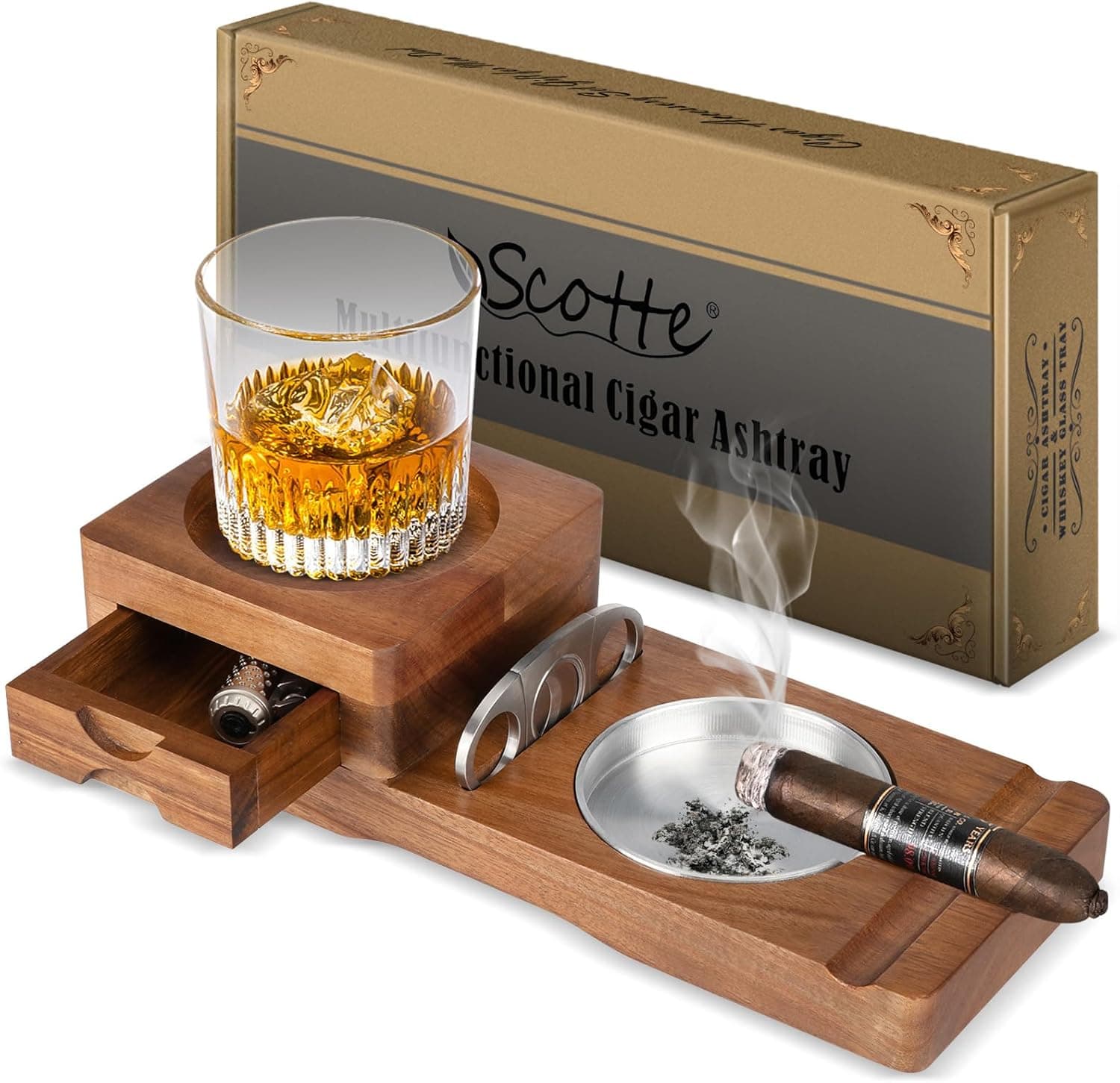 Scotte ashtray coaster with a built-in cigar rest and cutter holder