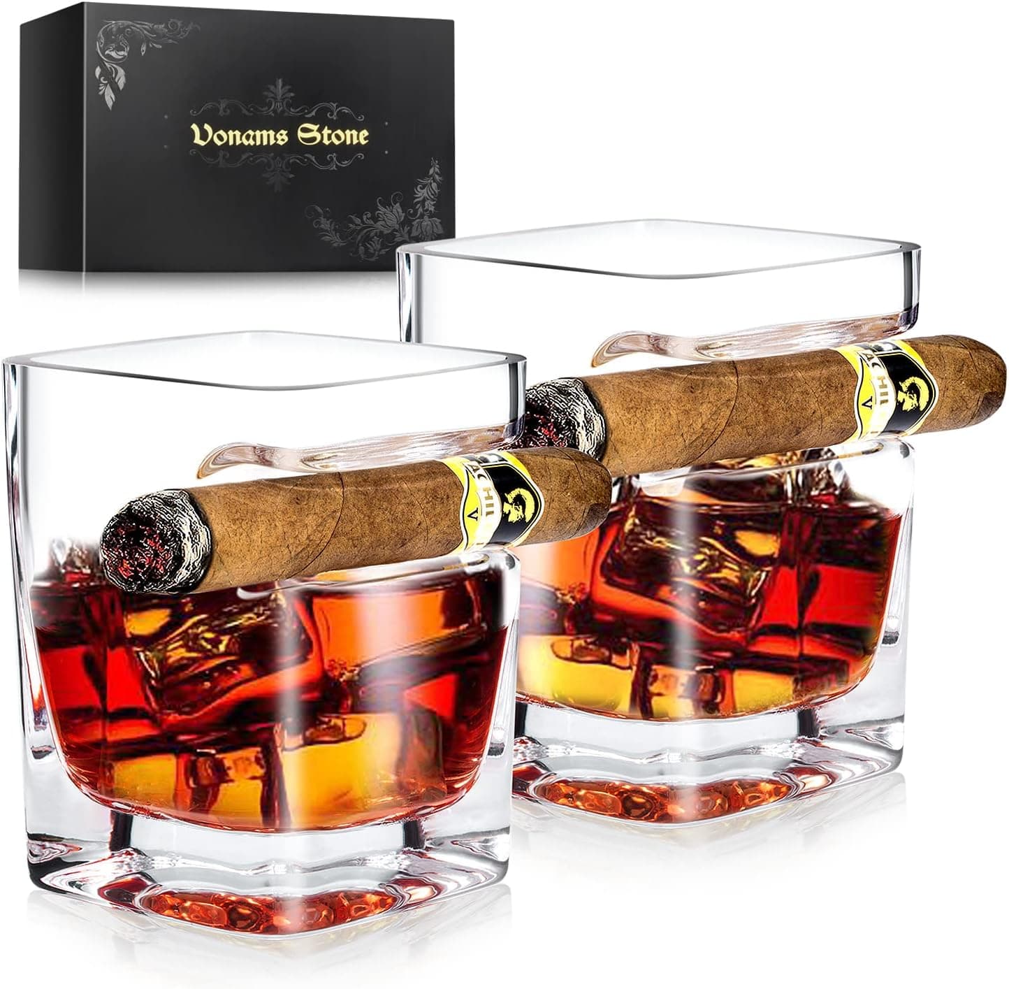 Set of two old-fashioned whiskey glasses with a molded cigar rest on the side