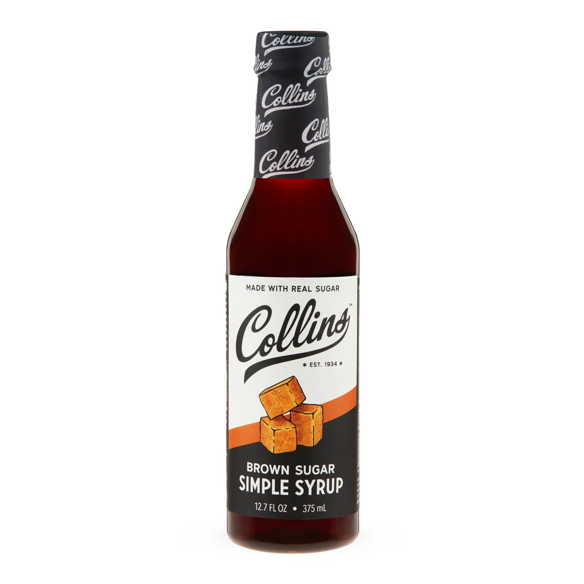 12.7oz bottle of Collins brown sugar simple syrup