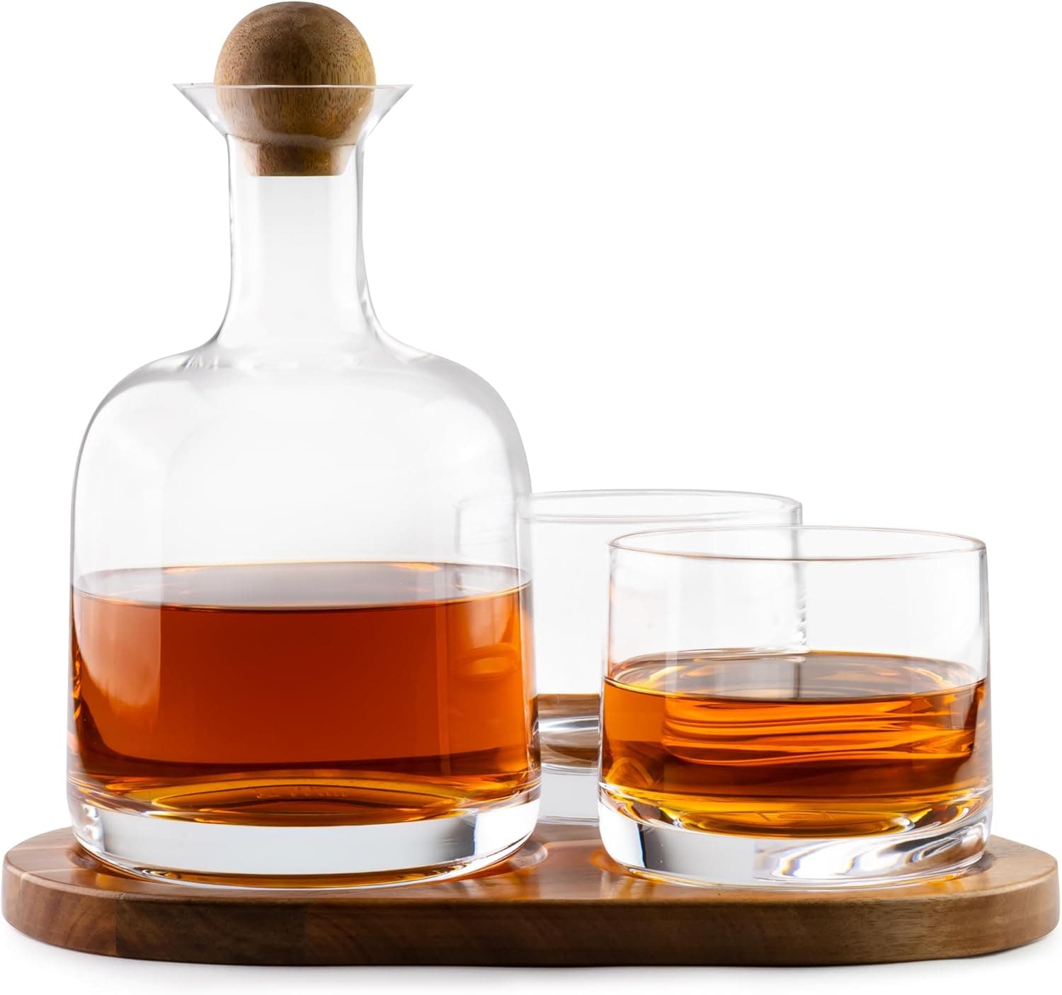 Cork & Mill hand-blown lead-free crystal whiskey decanter with matching glasses