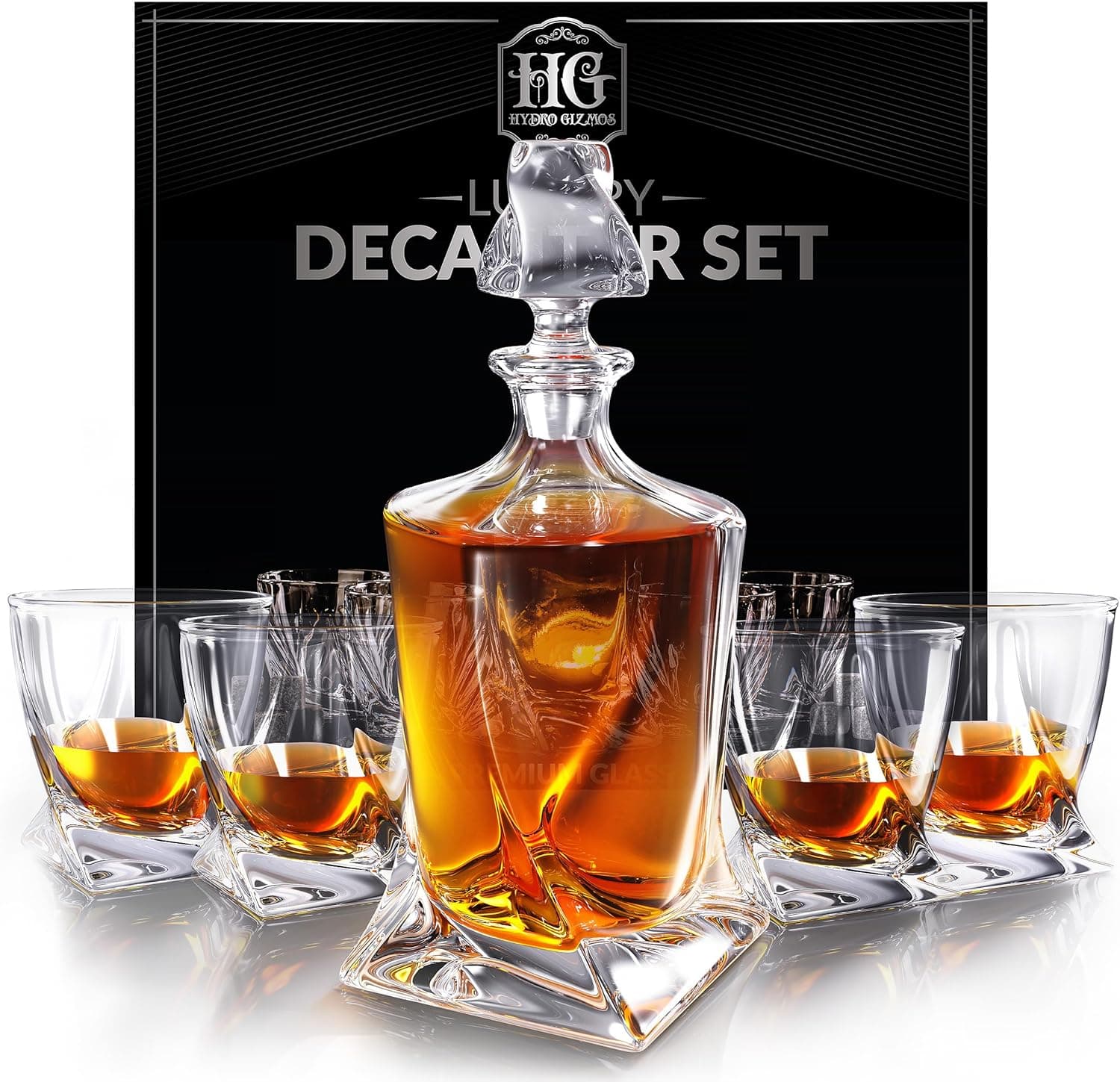 Whiskey decanter set with four matching drinking glasses in a modern design