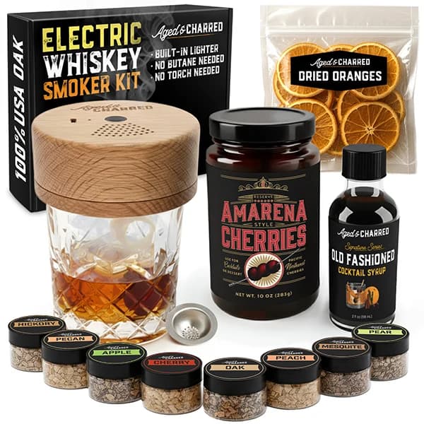 Aged & Charred Electric Cocktail Smoker Kit with built-in lighter, wood chip jars, amarena cherries, and Old Fashioned syrup
