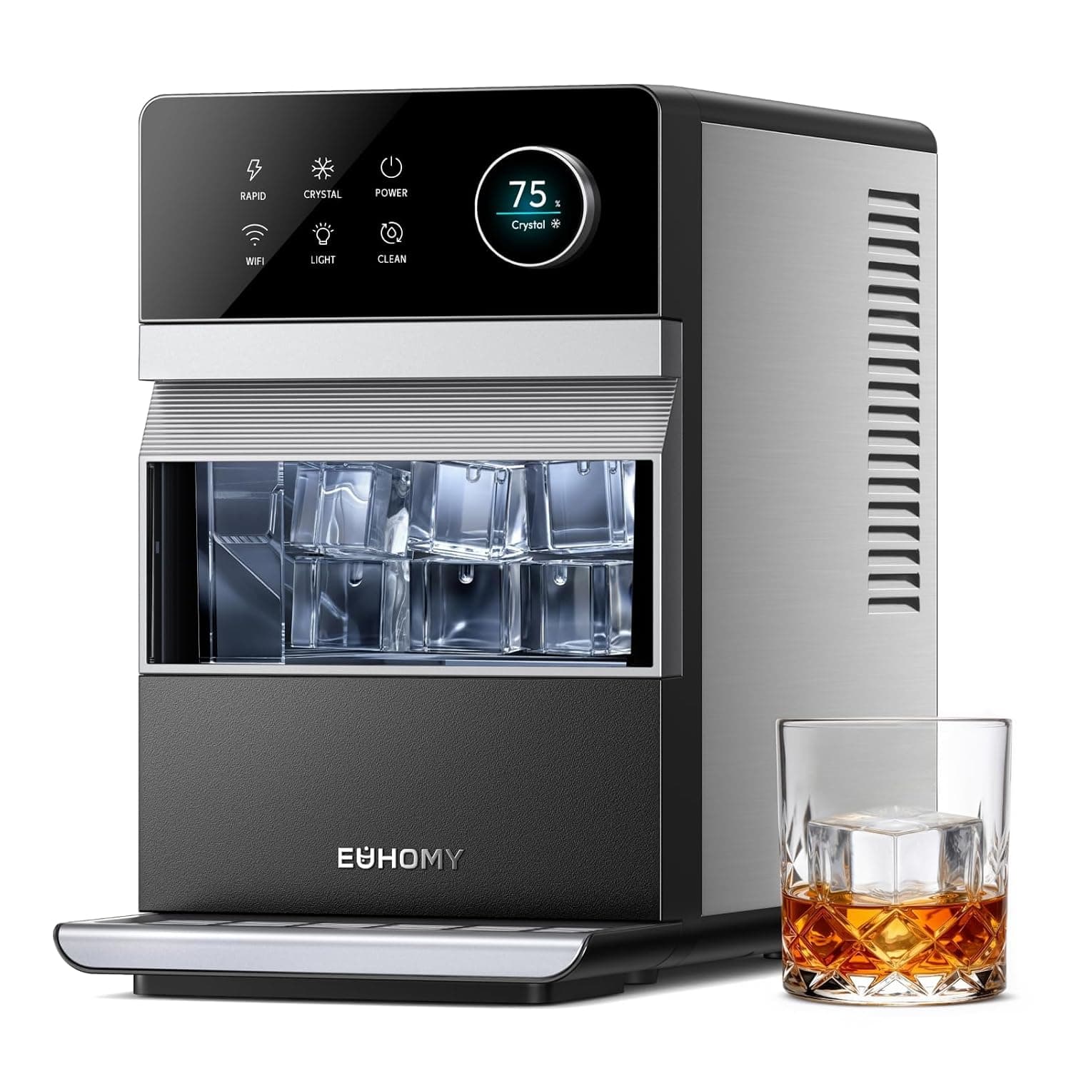 EUHOMY countertop clear ice maker holding crystal-clear two-inch cubes beside a poured whiskey glass