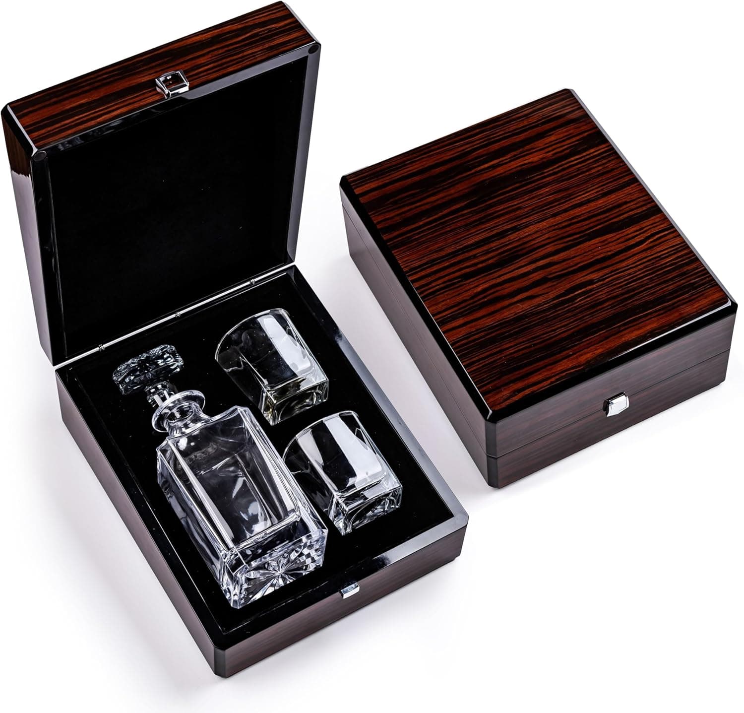 Gentleman's Reserve whiskey decanter and two rocks glasses presented in a premium wooden gift box