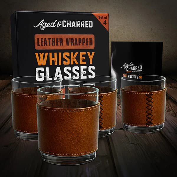 Aged & Charred leather wrapped rocks glasses, set of four with hand-stitched genuine leather