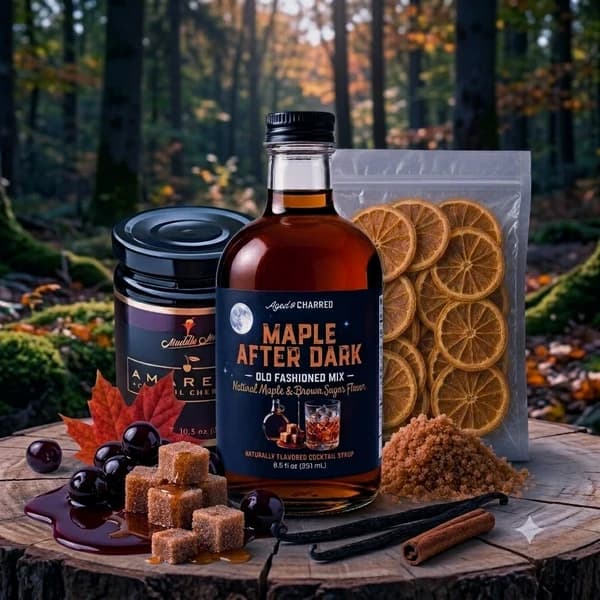 Aged & Charred Ultimate Old Fashioned Kit in Maple After Dark flavor with syrup, cherries, and orange slices