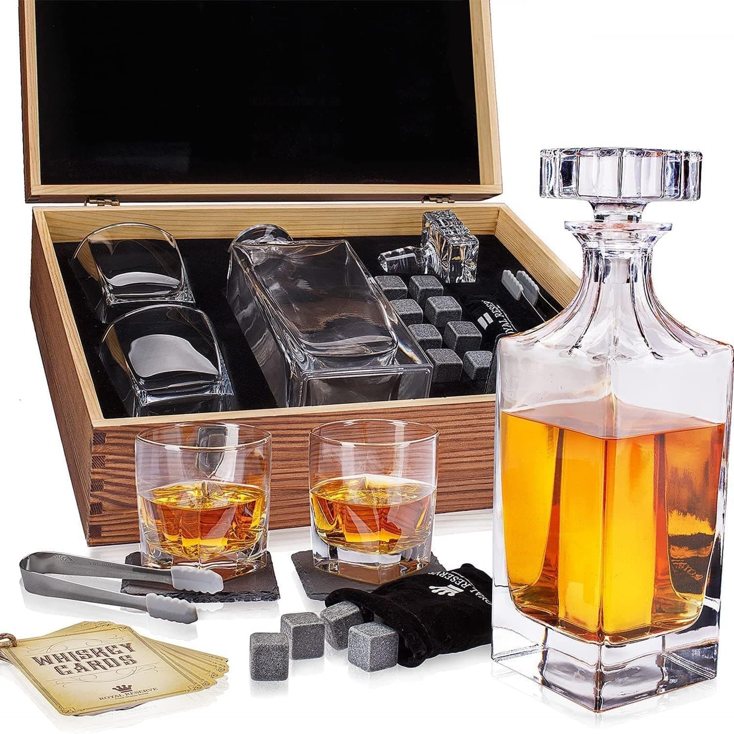 Royal Reserve whiskey decanter gift set with decanter and four rocks glasses in a wooden presentation box