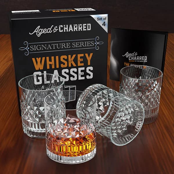 Aged & Charred Signature Series lead-free crystalline whiskey glasses in a gift-ready box