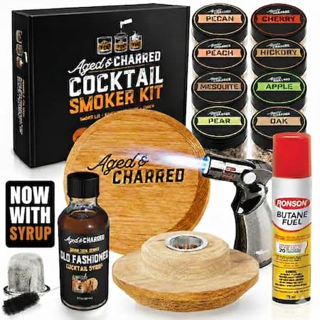 Aged & Charred Smoke Lid Cocktail Smoker Kit 12-piece set with oak smoke lid, torch, butane, and wood chips