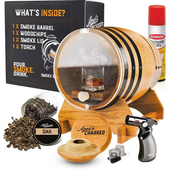 Aged & Charred cocktail smoker barrel kit with a 5-liter oak barrel, smoke lid, butane torch, and wood chips