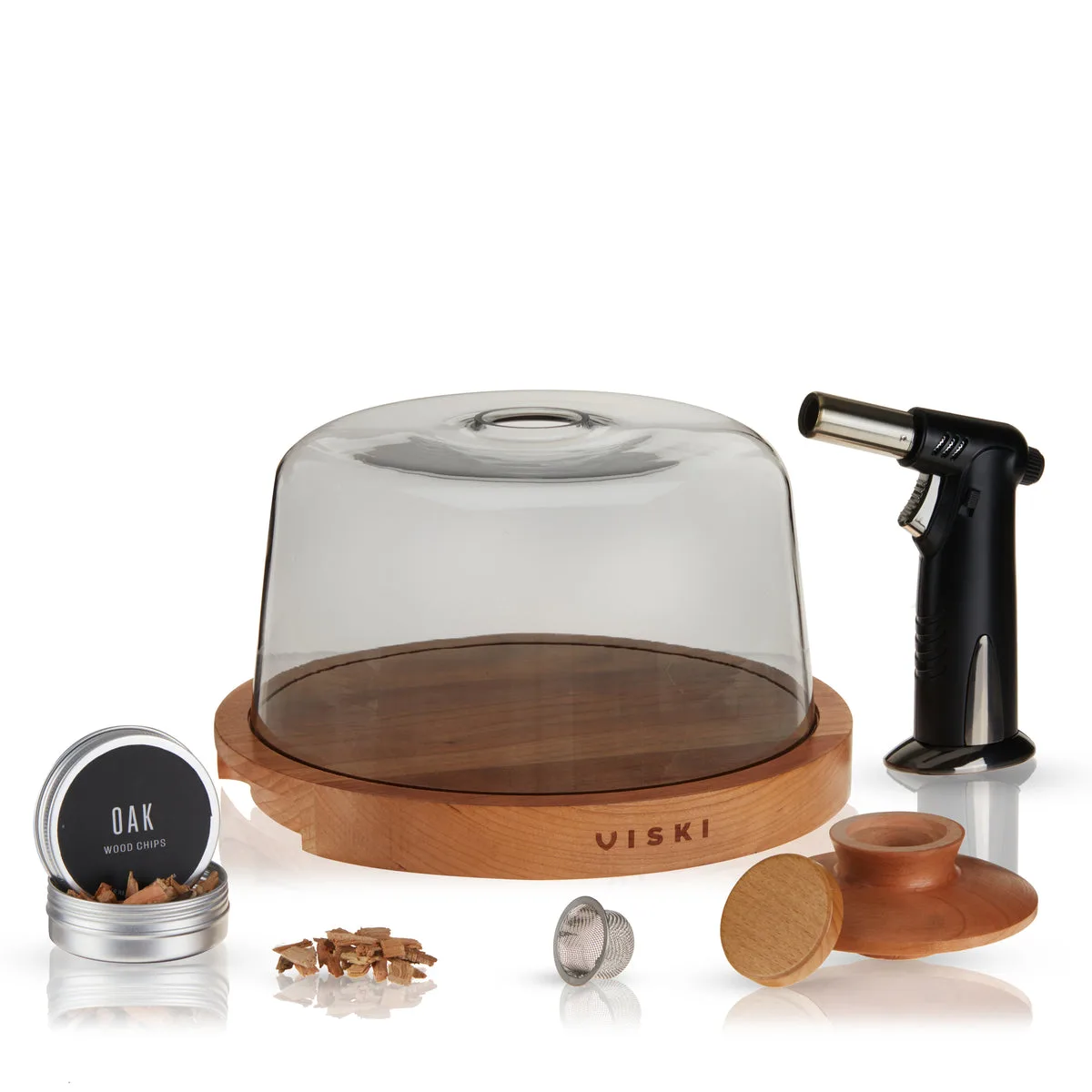 Viski Alchemi Smoked Cocktail Dome Kit with glass dome, wooden tray, smoking topper, butane torch, and oak chips