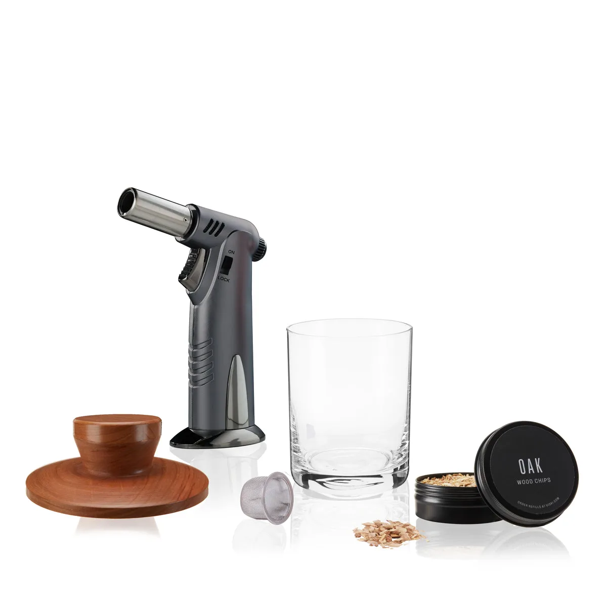 Viski Alchemi Single Serve Smoked Cocktail Kit with wooden smoker top, mesh strainer, butane torch, lowball glass, and tin of oak chips