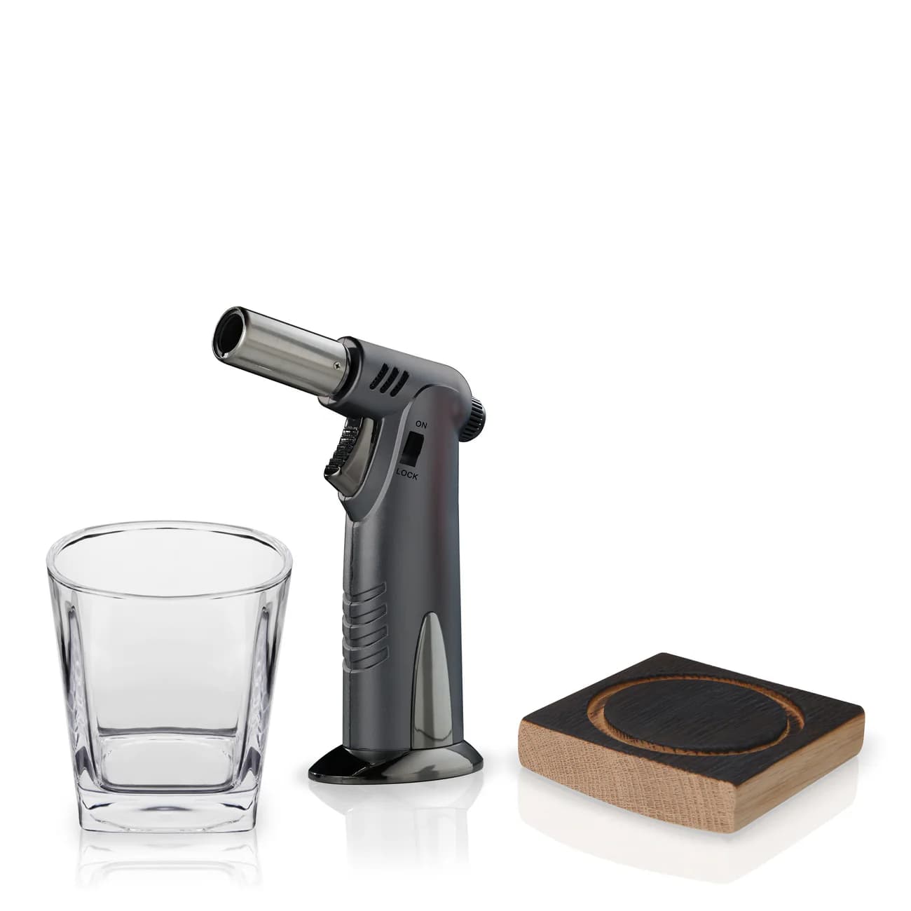 Viski cocktail smoking kit with torch, wood smoking board, and rocks glass