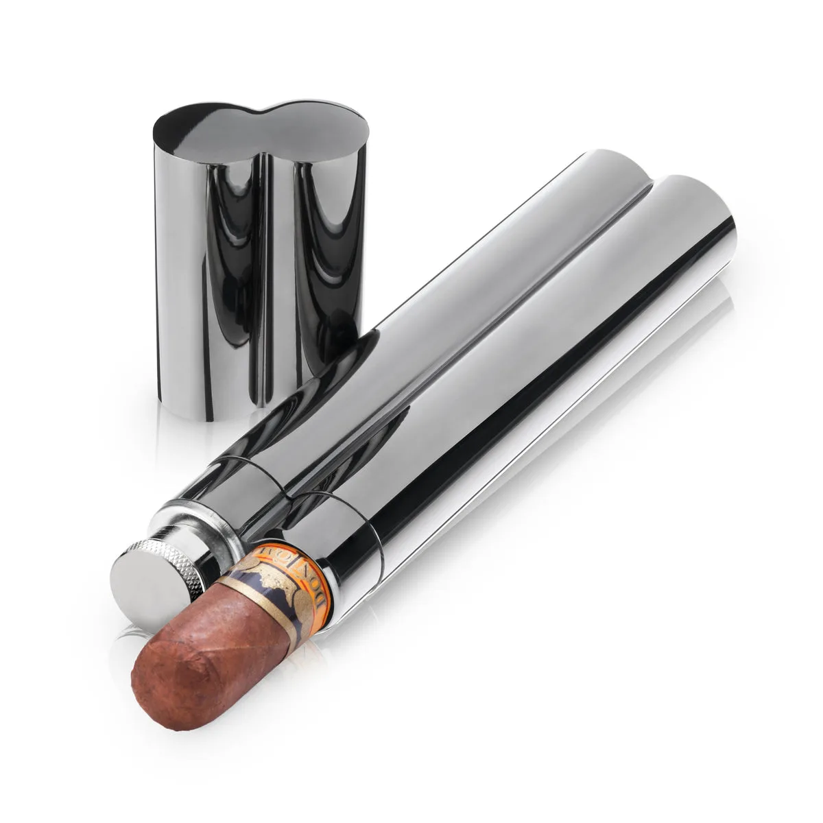Viski Warren cigar holder and flask combo in polished stainless steel with a cigar tube beside a 2oz flask