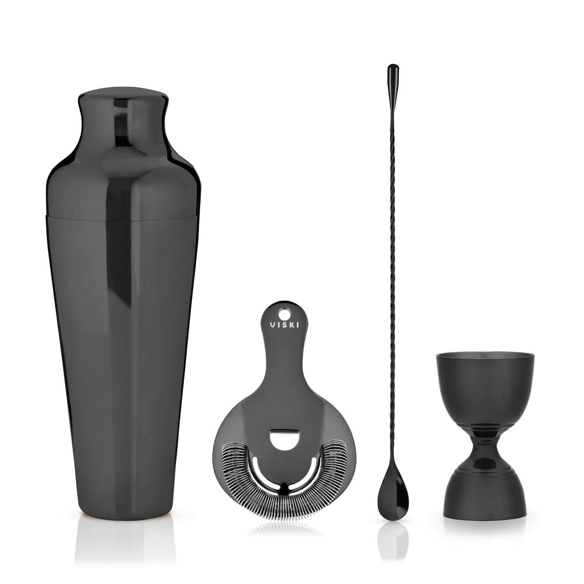 Viski Warren gunmetal cocktail set with Parisian shaker, Hawthorne strainer, weighted bar spoon, and bell jigger