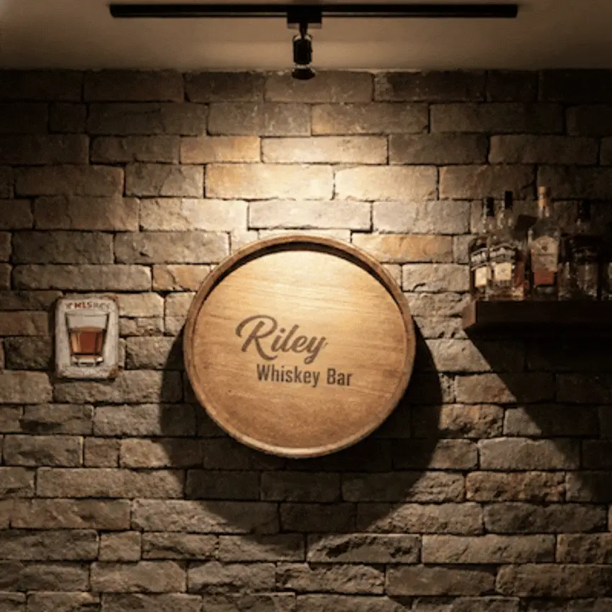 Aged & Charred whiskey display barrel top, a 16-inch engraved oak barrel head mounted on a wall