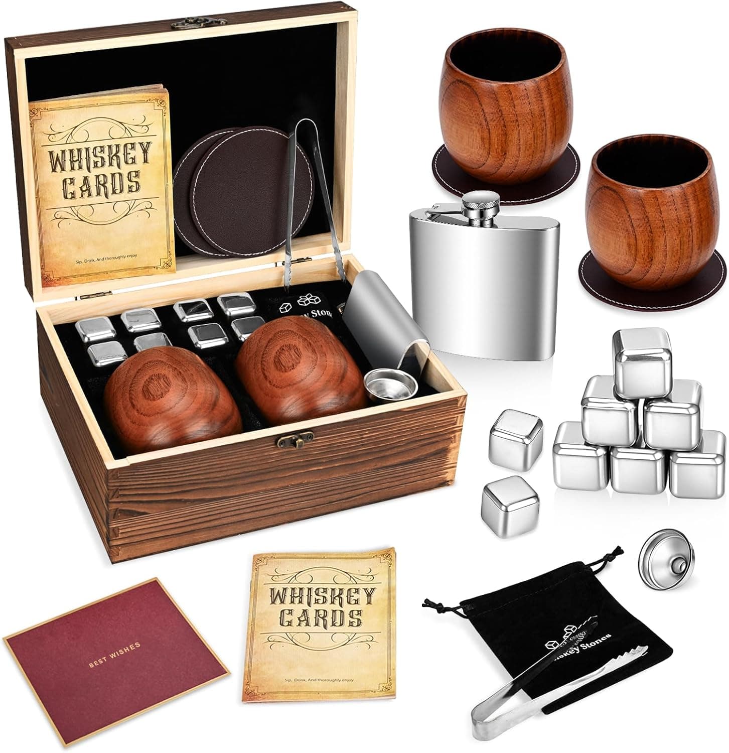 Charred wooden bourbon whiskey gift set with glasses, whiskey stones, and flask