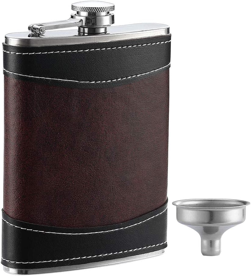 YWQ leather-wrapped stainless steel hip flask with funnel