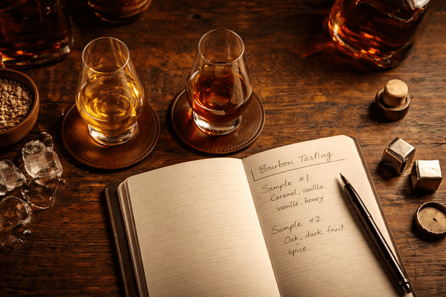 Bourbon tasting journal with Glencairn glasses and tasting notes on a dark wooden table