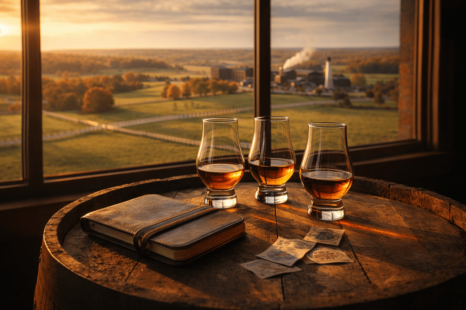 Three Glencairn glasses of bourbon on a barrel table overlooking Kentucky distillery countryside at golden hour